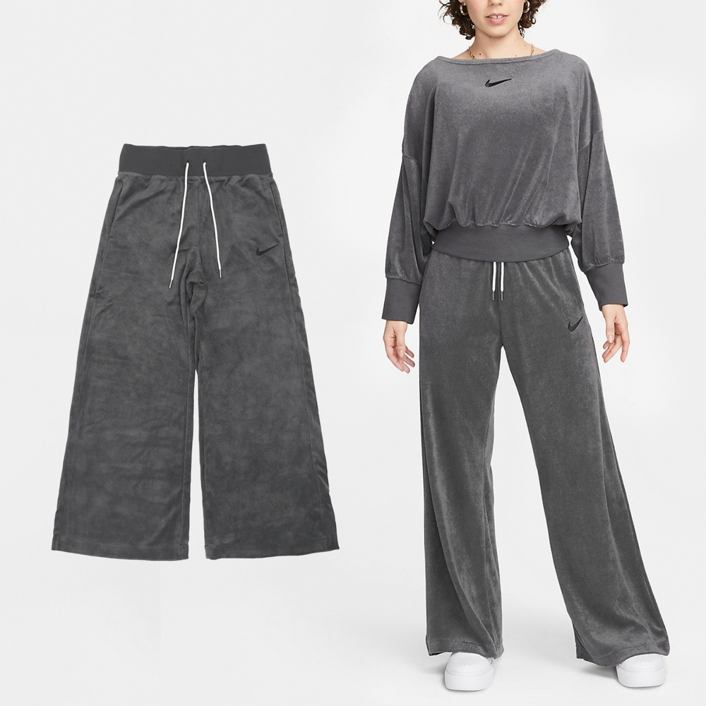 女款NIKE W NSW STYLE FLEECE HR WIDE PANTS 灰色小勾刺繡內刷毛抽繩