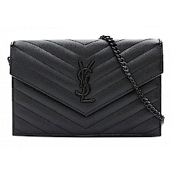 YSL Monogram 魚子醬牛皮V字黑Logo黑鍊肩背斜背信封包