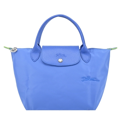 longchamp le pliage green系列刺繡短把再生尼龍摺疊水餃包(小/矢車菊藍)