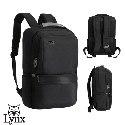 【Lynx】美國山貓嚴選尼龍布包中型商務後背包 多隔層機能收納/筆電保護袋-黑色