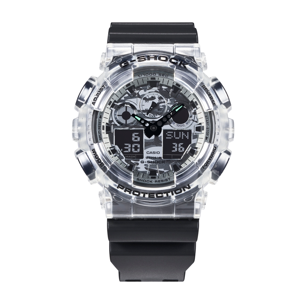 CASIO卡西歐 G-SHOCK 百搭潮流 透明迷彩 半透明 雙顯系列 GA-100SKC-1A_51.2mm