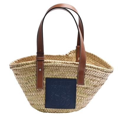 LOEWE Basket系列品牌LOGO烙印小牛皮提把竹編提籃/手提包(藍色)