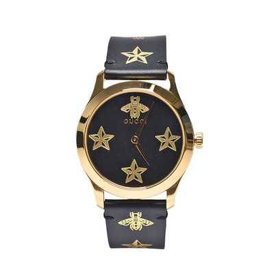 GUCCI 經典G-Timeless系列小蜜蜂皮革腕錶(金/黑38mm)