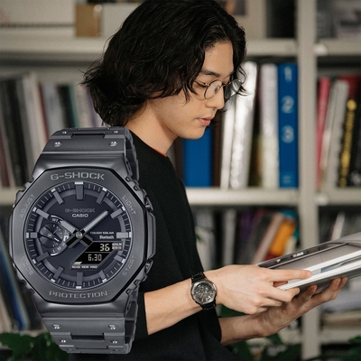 CASIO 卡西歐 G-SHOCK 八角農家橡樹 全金屬版 太陽能藍芽連線雙顯手錶 迎春好禮-黑 GM-B2100BD-1A