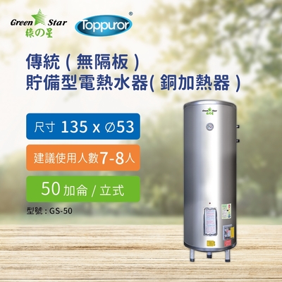 【Toppuror 泰浦樂】綠之星 電熱水器 傳統無隔板貯備型電熱水器銅加熱器50加侖立式4KW(GS-50-4)