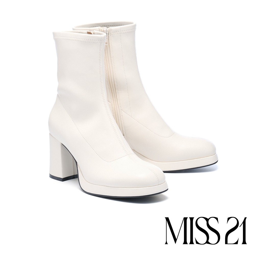 短靴 MISS 21 復古時髦純色側拉鍊方頭水台高跟短靴－米白