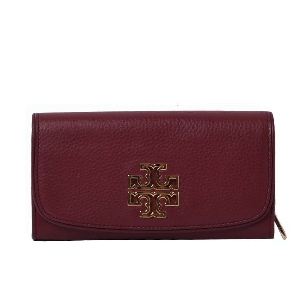 TORY BURCH BRITTEN 金屬LOGO全皮革翻蓋長夾-酒紅