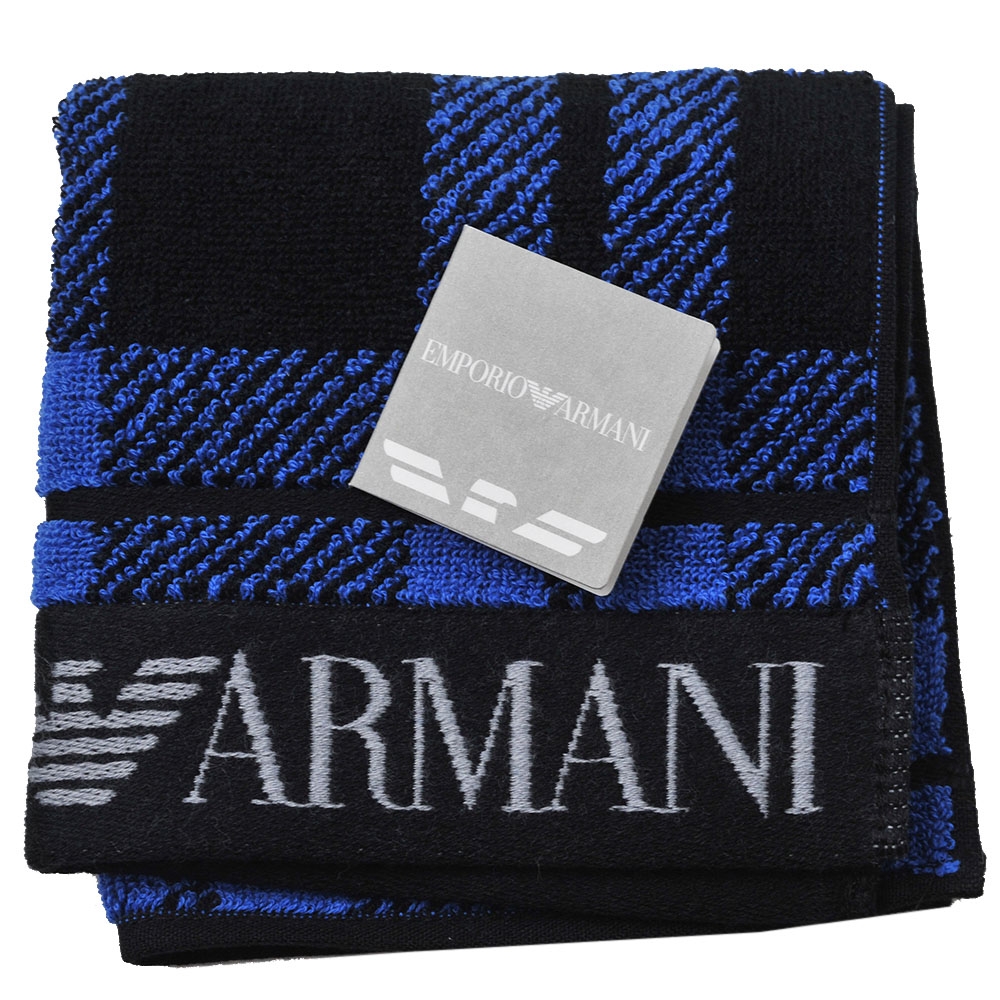 EMPORIO ARMANI MangaBear 日本製蘇格蘭格紋品牌字母LOGO圖騰小方巾(黑/寶藍系)