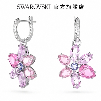 SWAROVSKI 施華洛世奇 Gema 水滴形耳環 混合式切割, 花朵, 粉紅色, 鍍白金色