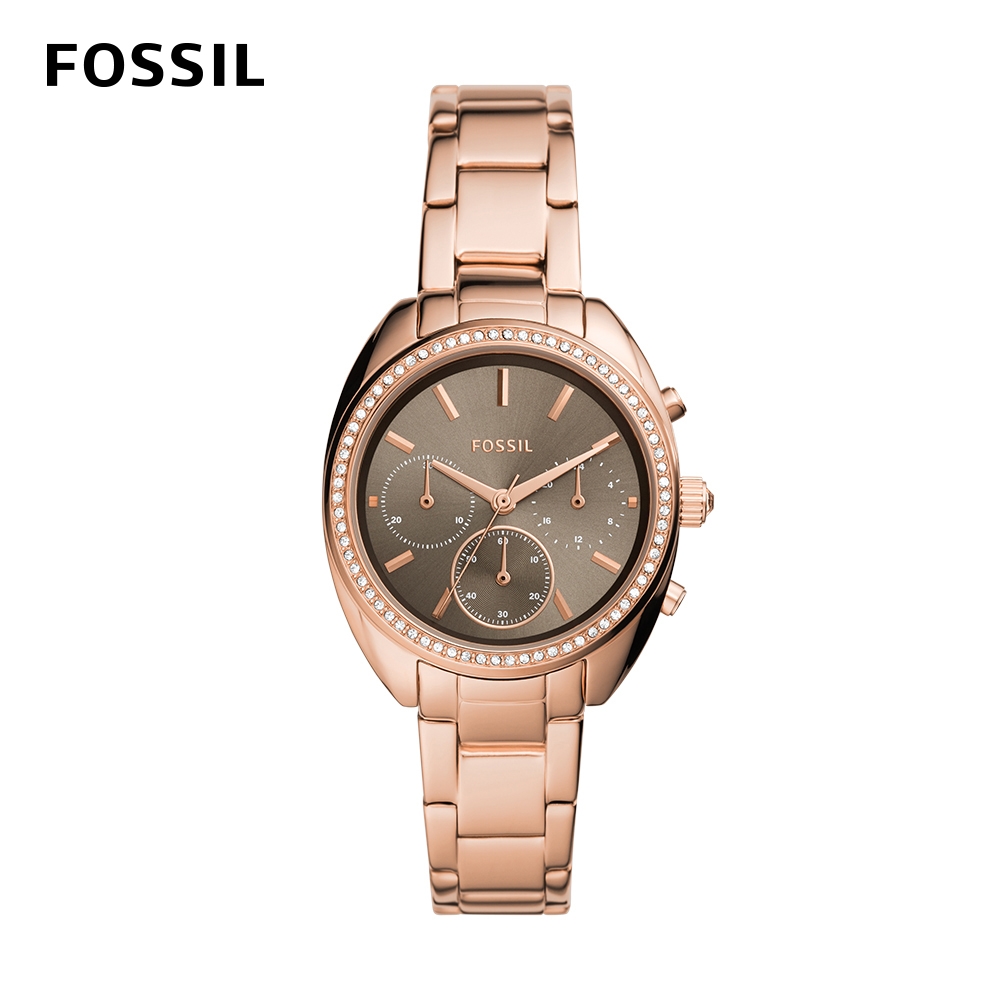 FOSSIL Vale 經典鑽圈三眼計時女錶 玫瑰金不鏽鋼鍊帶 34MM BQ3659