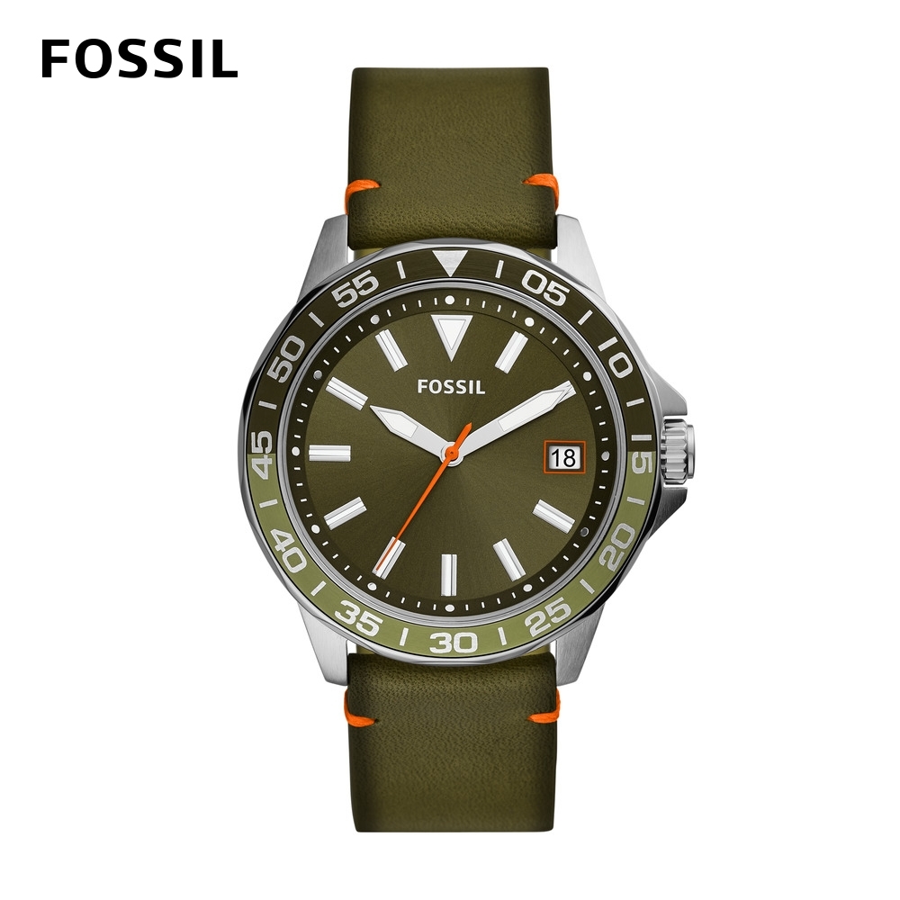 FOSSIL Bannon 三針計時潛水造型男錶 綠色皮革錶帶 45MM BQ2520