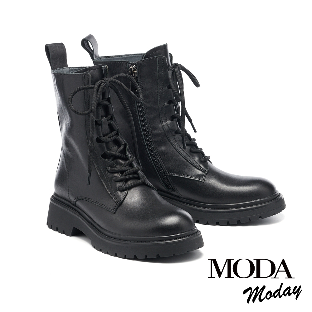 短靴 MODA MODAY 帥氣時髦感全真皮綁帶QQ厚底短靴－黑