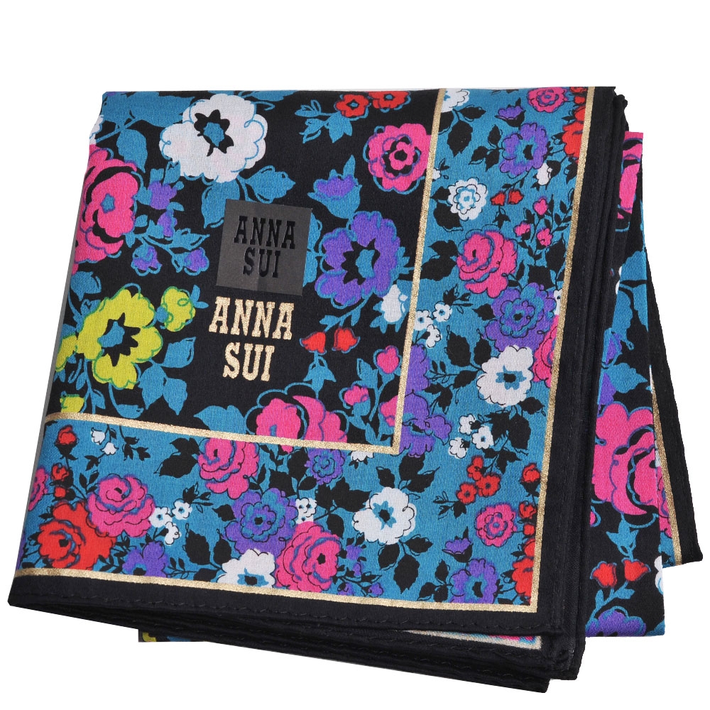 ANNA SUI 優雅玫瑰花字母LOGO圖騰帕領巾(黑底)