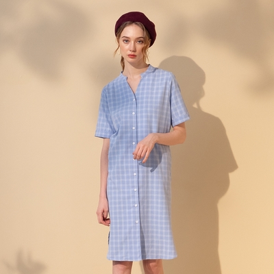 【MASTINA】修身長版開襟-女短袖洋裝 開襟 藍(二色/版型適中)