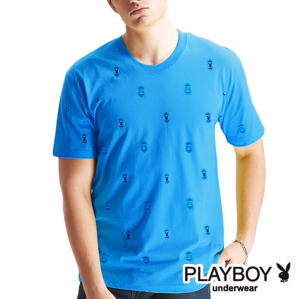 PLAYBOY_MIT棉質彩色印花圓領短袖T恤-水藍