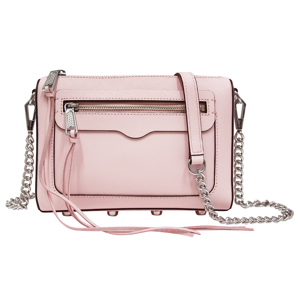 REBECCA MINKOFF AVERY 流蘇金屬鍊帶防刮牛皮斜背包-灰粉色