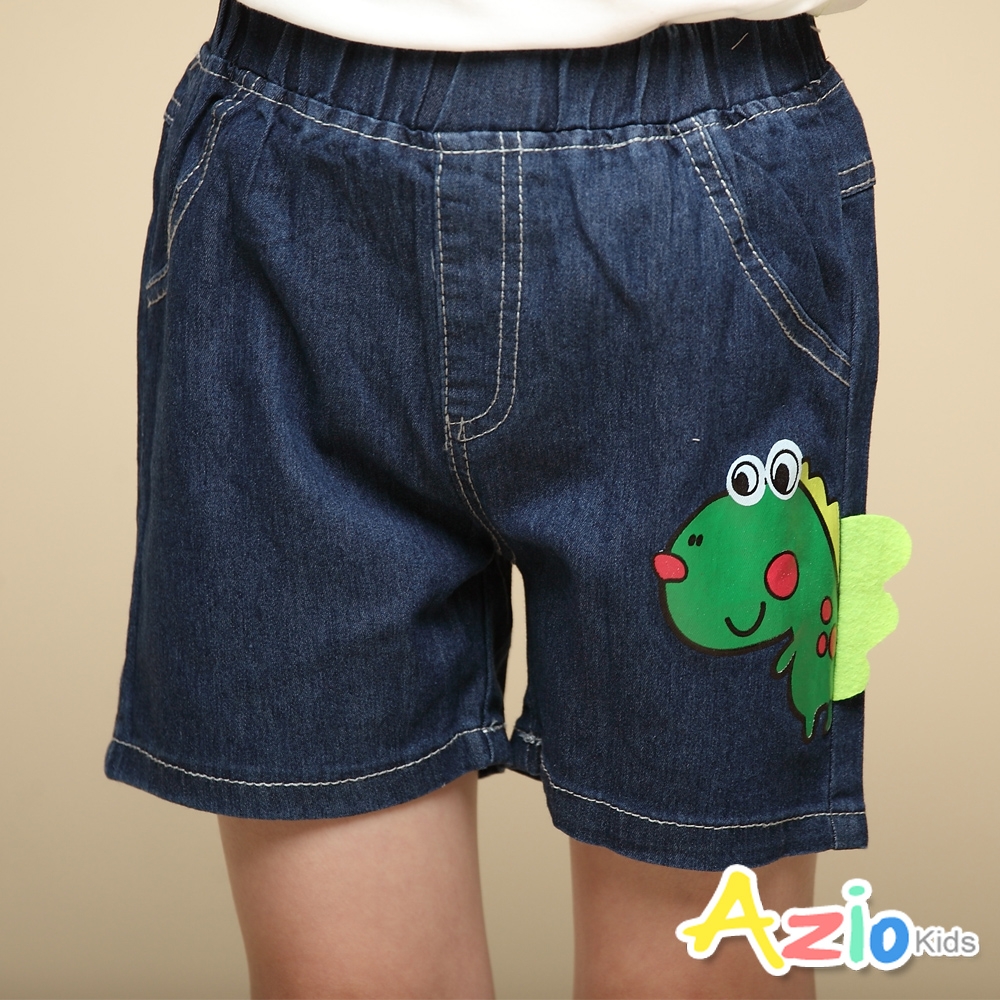 Azio kids美國派 男童 短褲 立體背鰭恐龍印花牛仔短褲(藍)