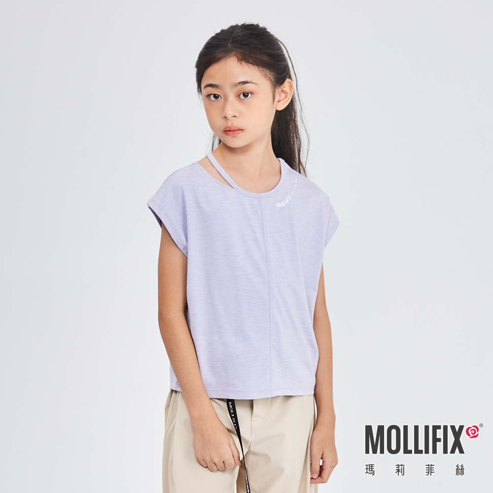 Mollifix 瑪莉菲絲 鏤空造型小包袖運動上衣_KIDS(麻花紫)、瑜珈服、背心、T恤