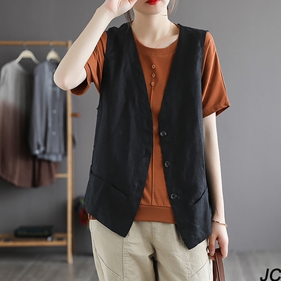 【JC Collection】優質透氣棉麻單排釦雙口袋設計寬鬆舒適背心(黑色、麻色、紫紅色)