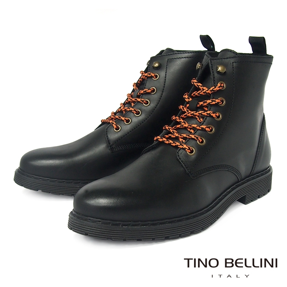 TINO BELLINI 男款葡萄牙進口牛皮個性綁帶黑軍靴