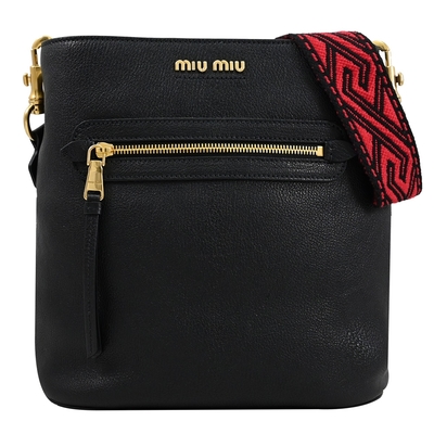 MIU MIU MADRAS 金屬LOGO山羊皮個性圖騰寬背帶斜背水桶包(黑)