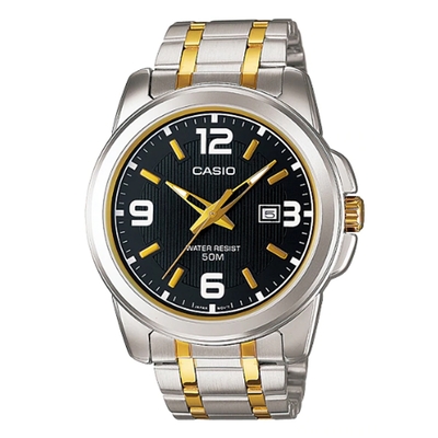 CASIO 簡約個性紳士時尚風不鏽鋼錶(MTP-1314SG-1A)黑面X金銀雙色錶帶/44.9mm