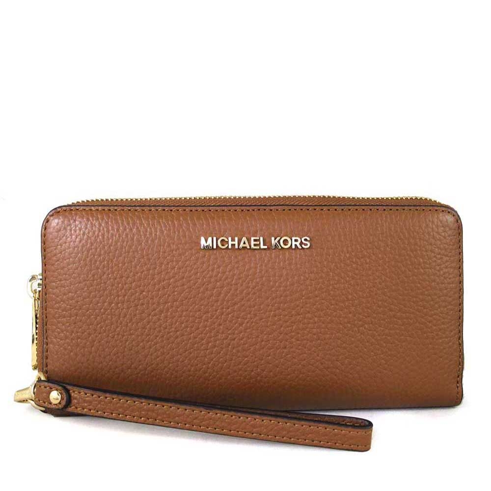 MICHAEL KORS Jet Set Travel金字Logo鵝卵石紋皮革拉鍊手提長夾(馬鞍棕)