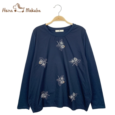 Hana-Mokuba花木馬日系女裝長袖圓領針梭織拼接細緻刺繡T恤_藍/綠