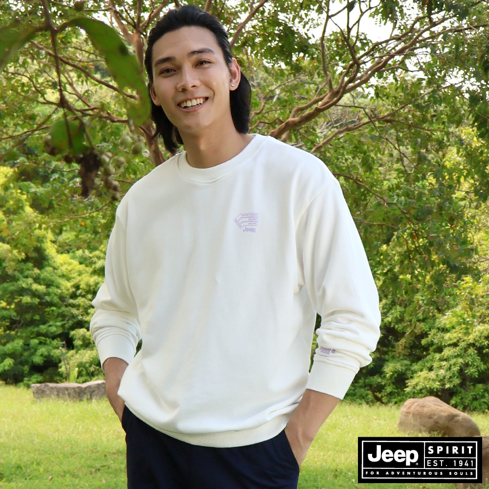 JEEP 男裝 品牌LOGO圖騰純棉百搭長袖T恤-白色