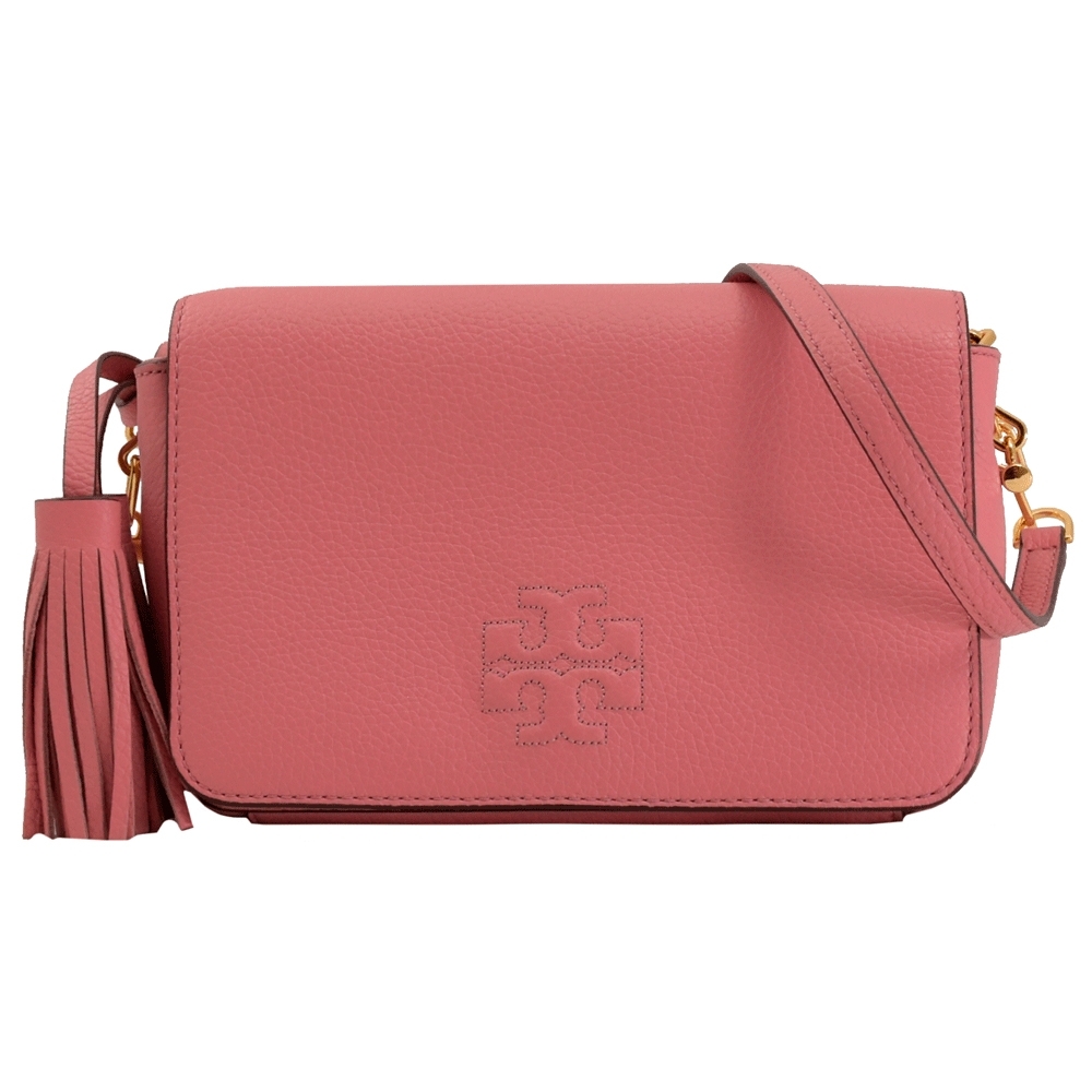 TORY BURCH Thea 流蘇吊飾牛皮翻蓋斜背包(粉紅)