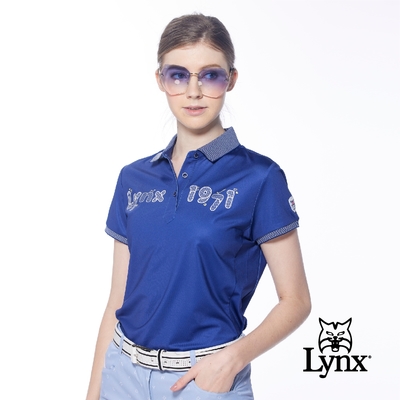 【Lynx Golf】女款吸溼排汗羅紋配布簡約Lynx字樣印花設計短袖POLO衫/高爾夫球衫-深藍色