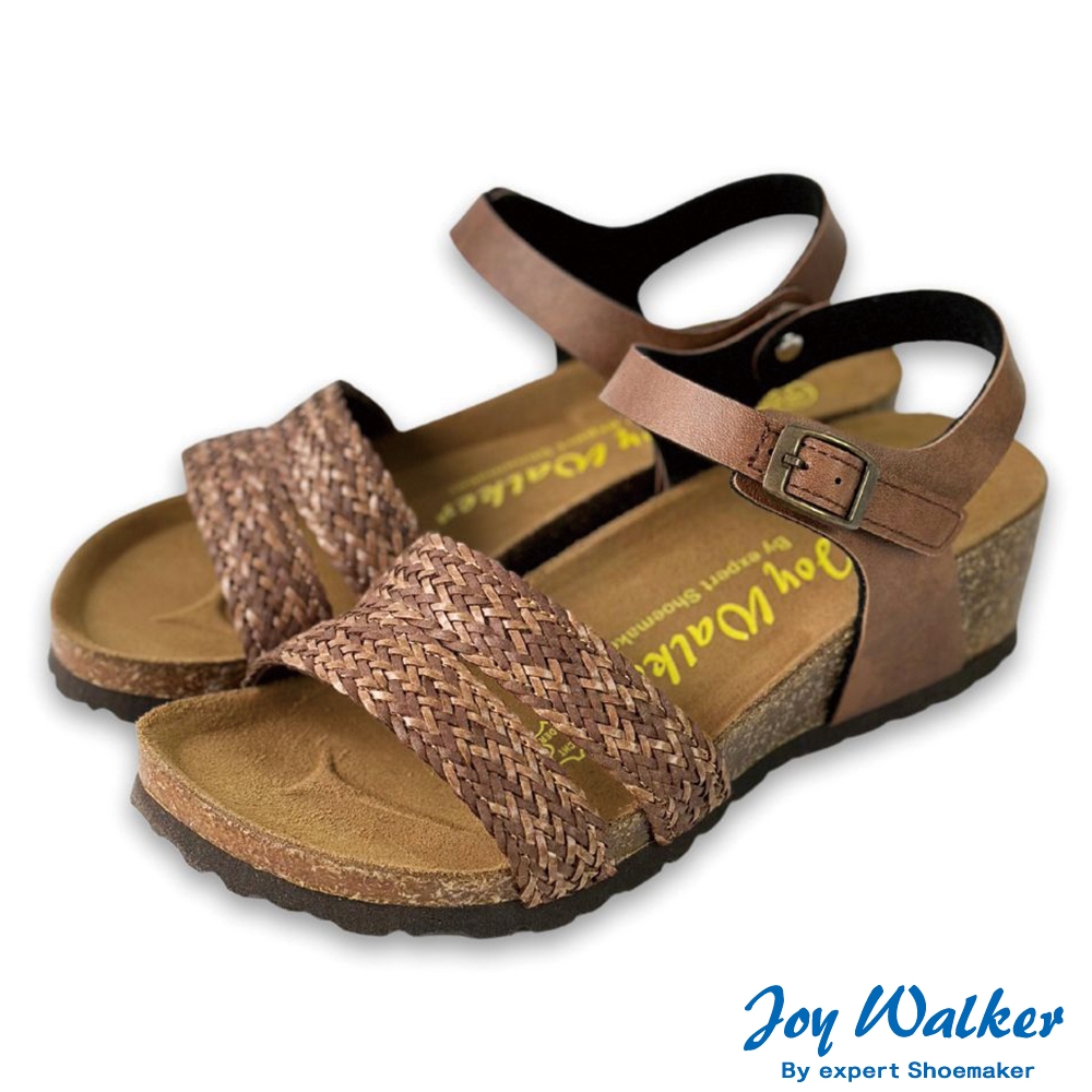 Joy Walker 雙帶編織 楔型 露趾 軟木涼鞋 咖啡色 圓頭 素面厚底 合成皮革 繞踝 休閒舒適 柔軟鞋墊 1470P