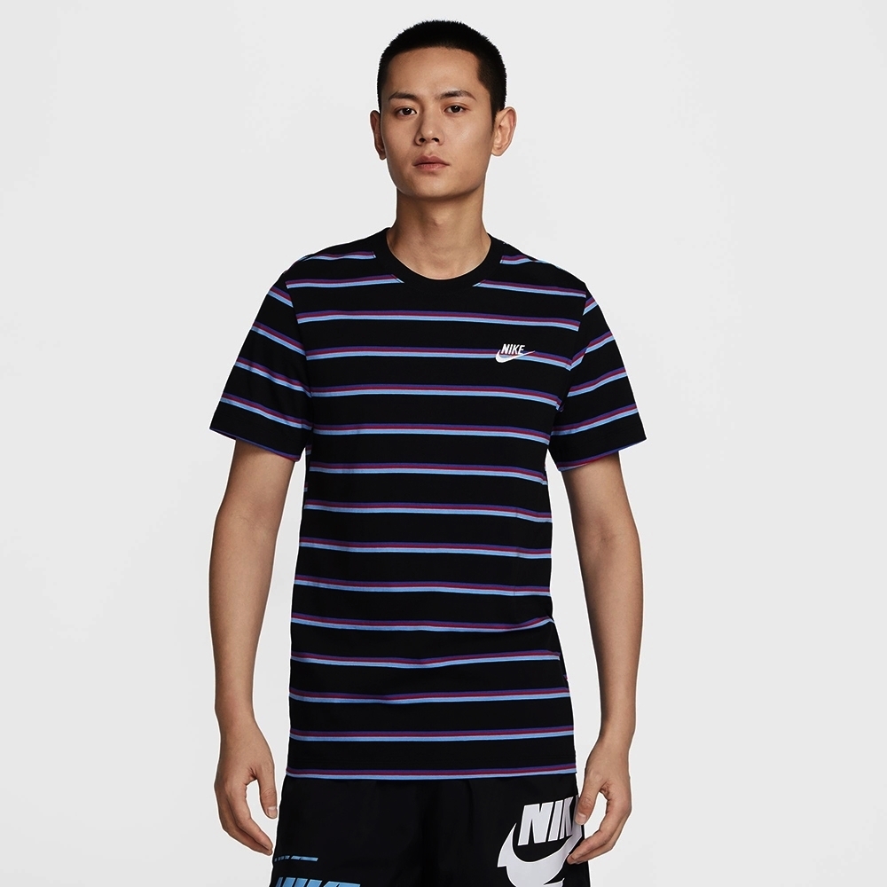 NIKE AS M NSW TEE CLUB STRIPE 條紋 男運動休閒上衣-黑色-DZ2986010