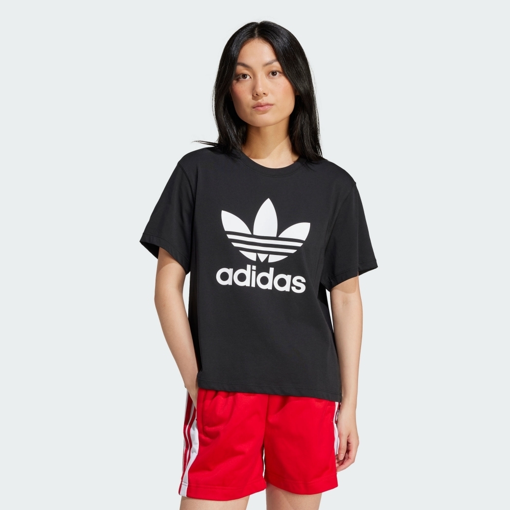 ADIDAS TRFL TEE BOXY 三葉草 女短袖上衣-黑-IU2422