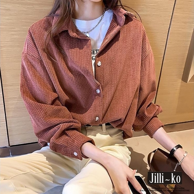 JILLI-KO 燈芯絨保暖襯衫女加厚開扣外套上衣- 橘/卡其