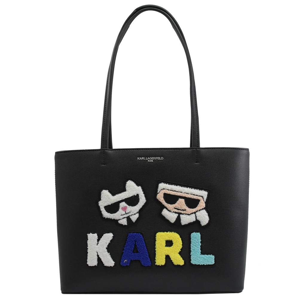 KARL LAGERFELD 立體毛絨老佛爺貓咪圖案拉鍊托特包(黑)