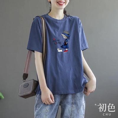 初色  韓版圓領寬鬆女孩印花復古顯瘦短袖T恤上衣-共7色-34656(M-4XL可選)