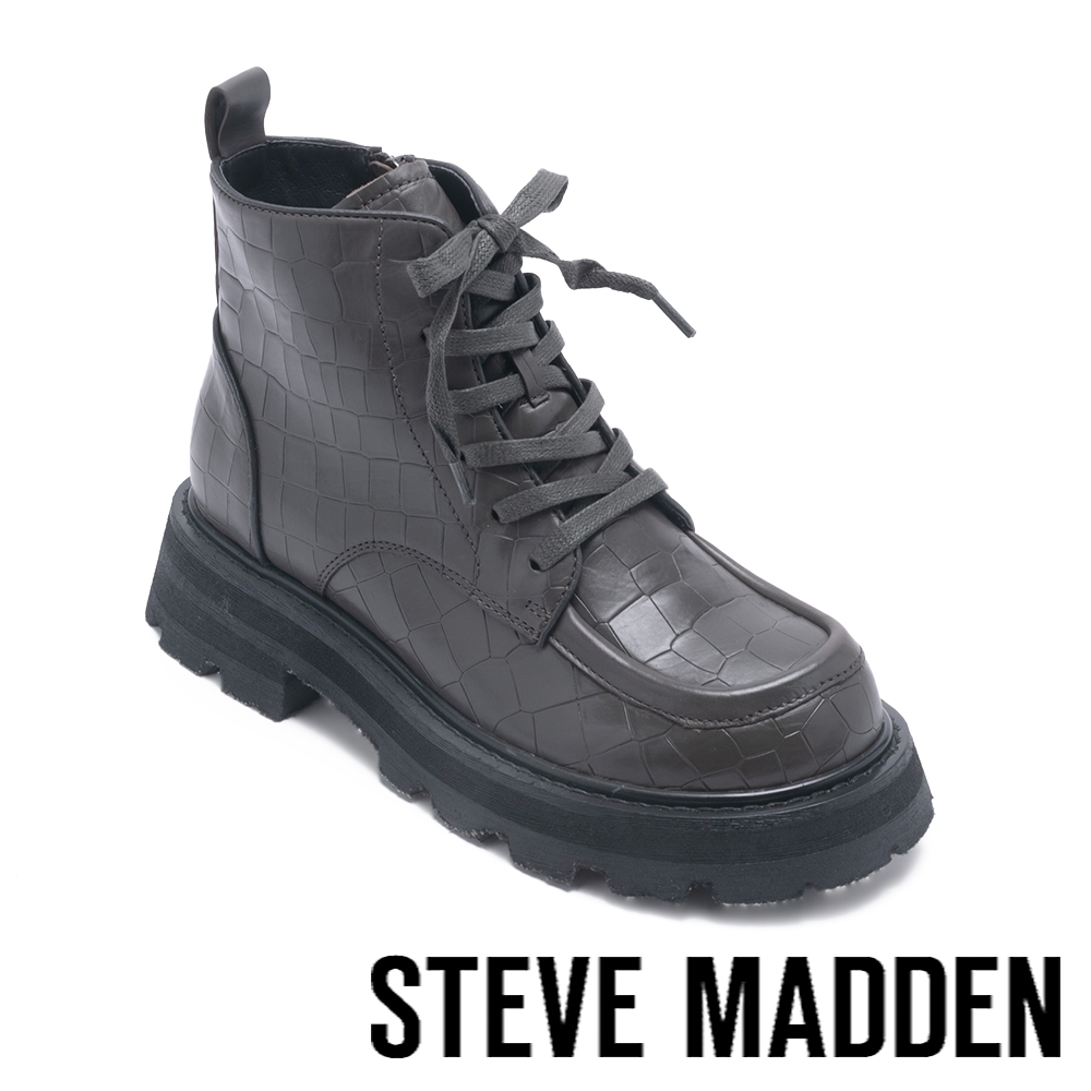 STEVE MADDEN-GILL 拼接蛇紋綁帶短靴-灰色