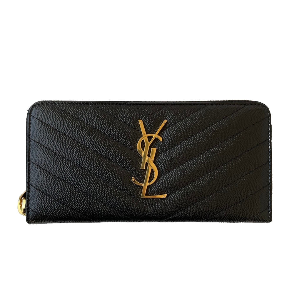 YSL SAINT LAURENT Monogram 魚子醬 牛皮 金logo 拉鍊式 皮夾 長夾 黑色