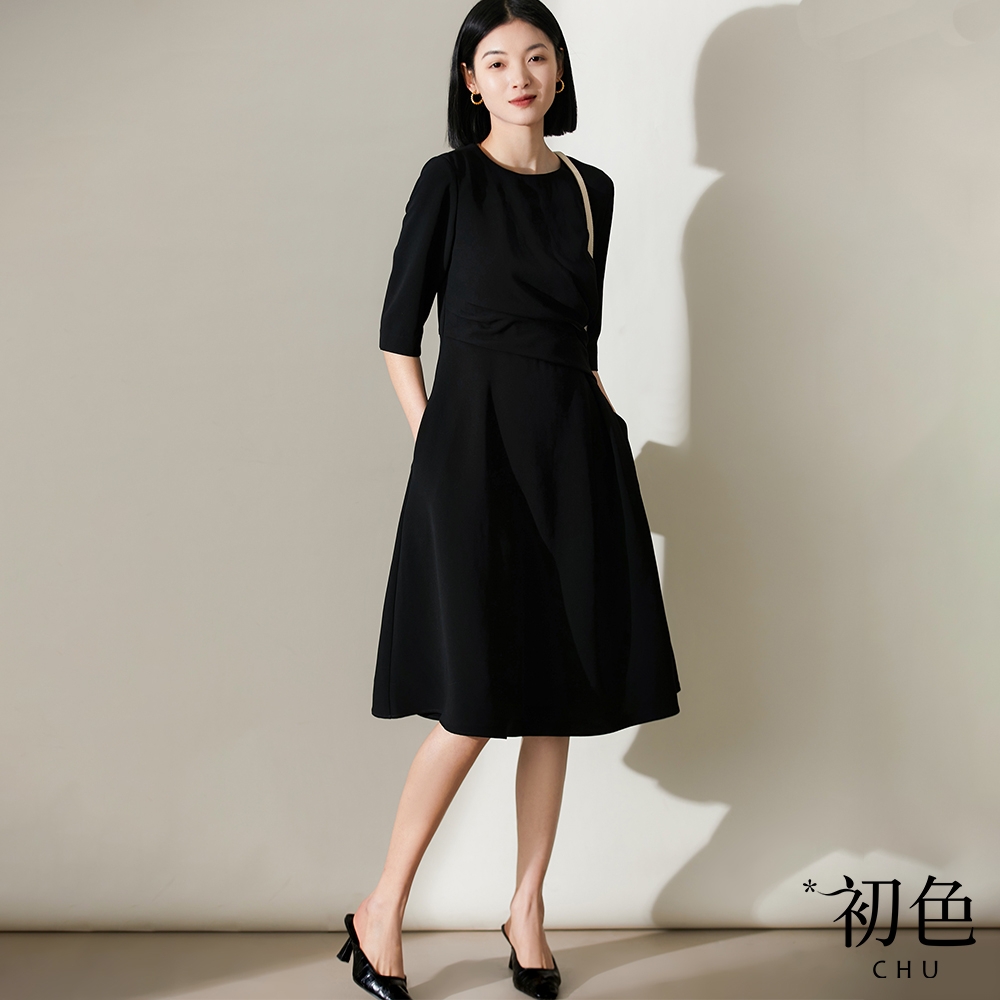 初色 圓領素色寬鬆顯瘦法式褶皺連身裙洋裝-黑色-32964(M-XL可選)