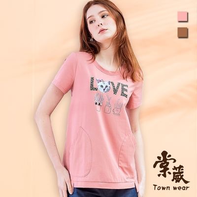 【TOWNWEAR棠葳】美式貓咪印圖棉質上衣 2色(女上衣/短袖/圓領/口袋/休閒/長版)