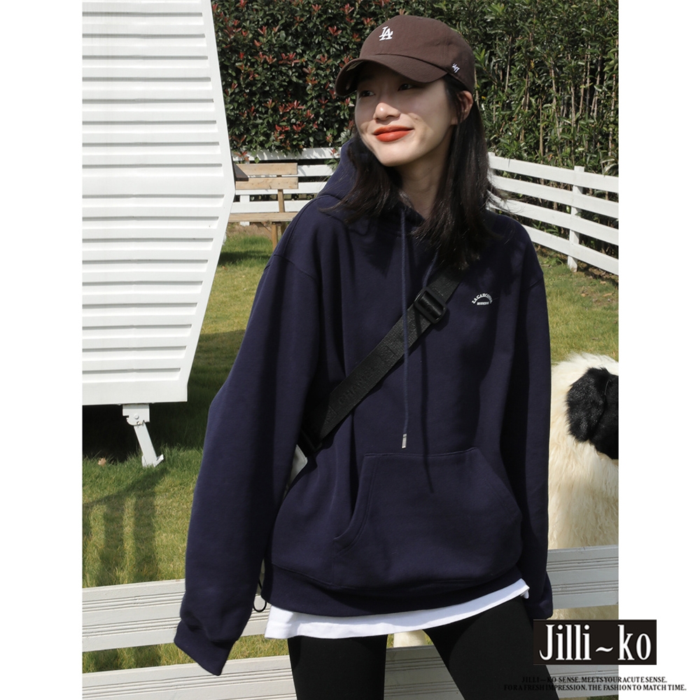 JILLI-KO 丈青色口袋厚款連帽衛衣- 深藍