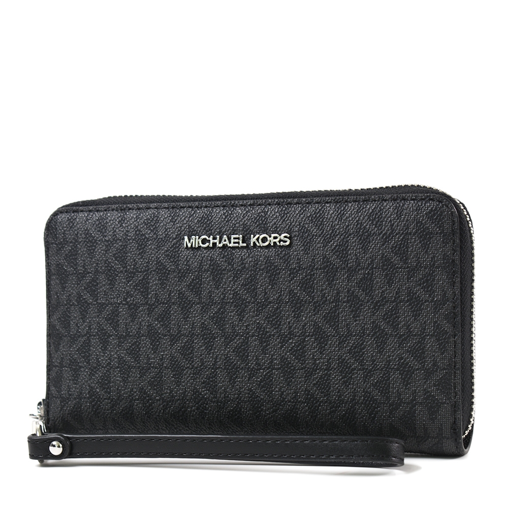 MICHAEL KORS 緹花LOGO防刮皮革拉鍊手掛式長夾/手機包-黑色