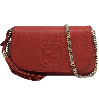 GUCCI Soho系列 大LOGO牛皮翻蓋斜背鍊包(紅)