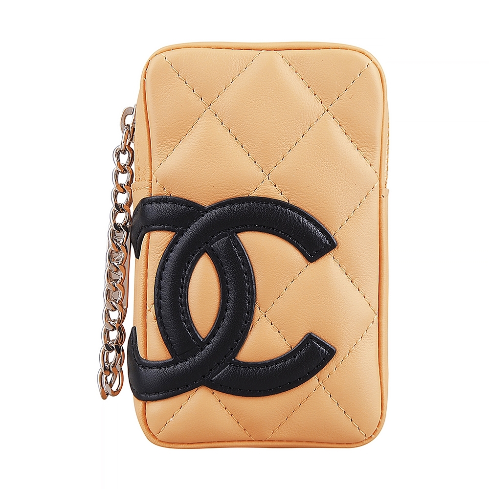 CHANEL 康朋系列雙C LOGO羊皮拉鍊萬用小包(展示品/米x黑)