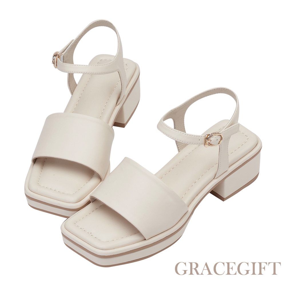 【Grace Gift】逸歡聯名-日系寬帶防水台中跟涼鞋 米白