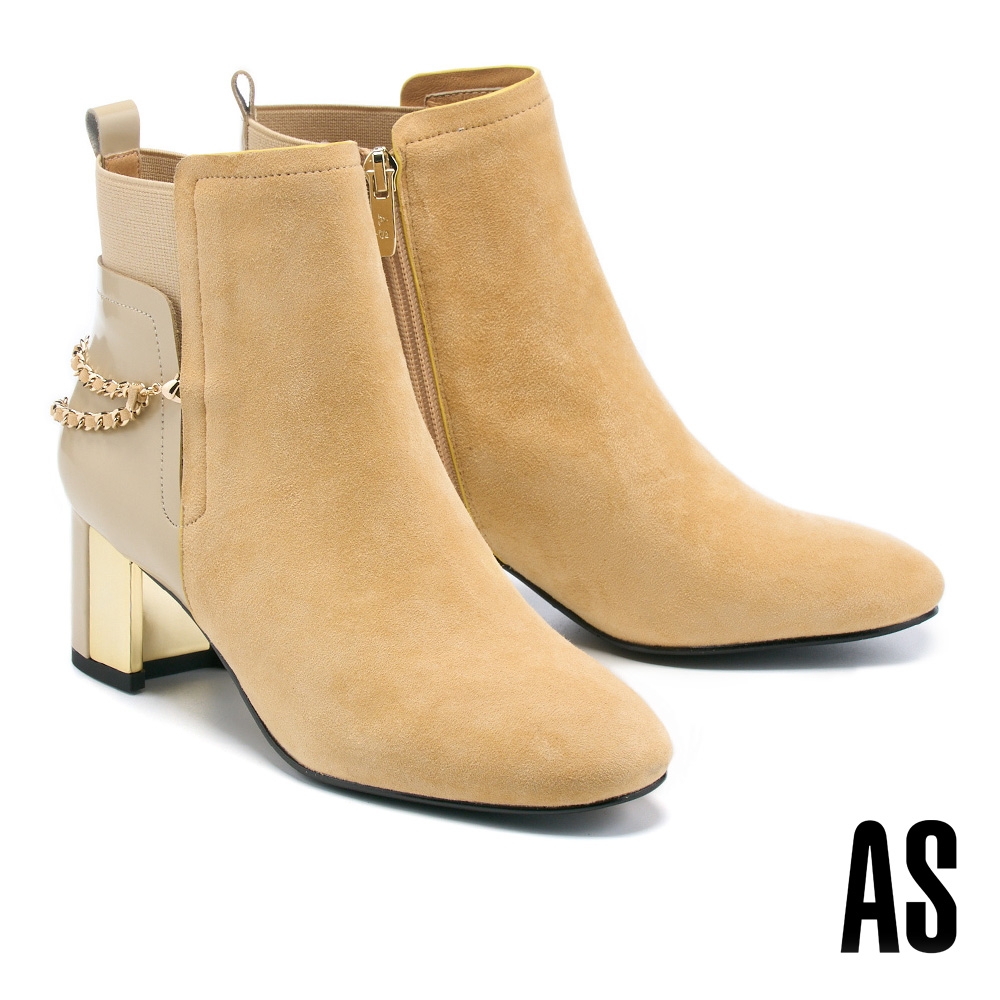 短靴 AS 時尚品味皮鏈條異材質拼接羊麂皮高跟短靴－黃