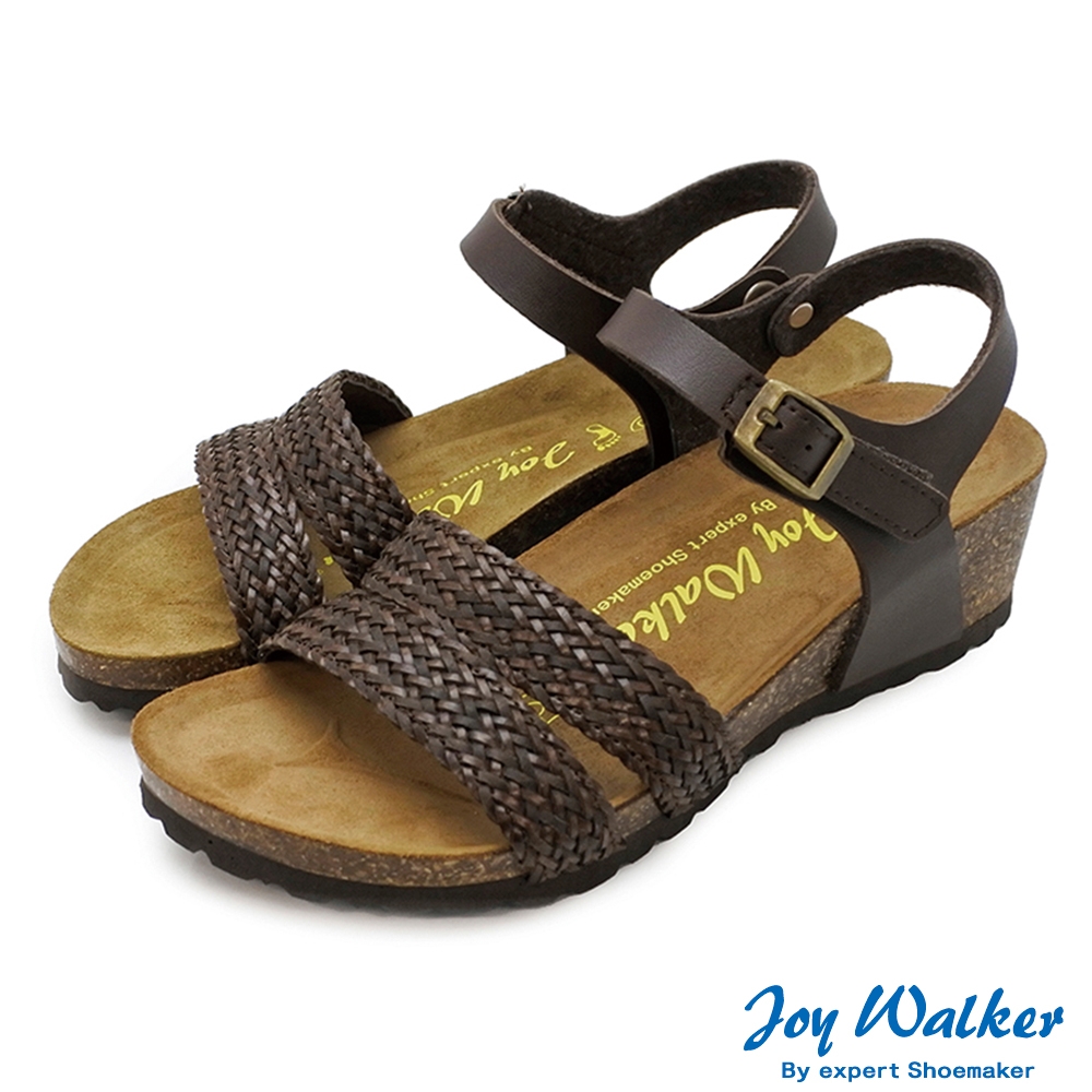 Joy Walker 雙帶編織 楔型 露趾 軟木涼鞋 深棕色 圓頭 素面厚底 合成皮革 繞踝 休閒舒適 柔軟鞋墊 1470P