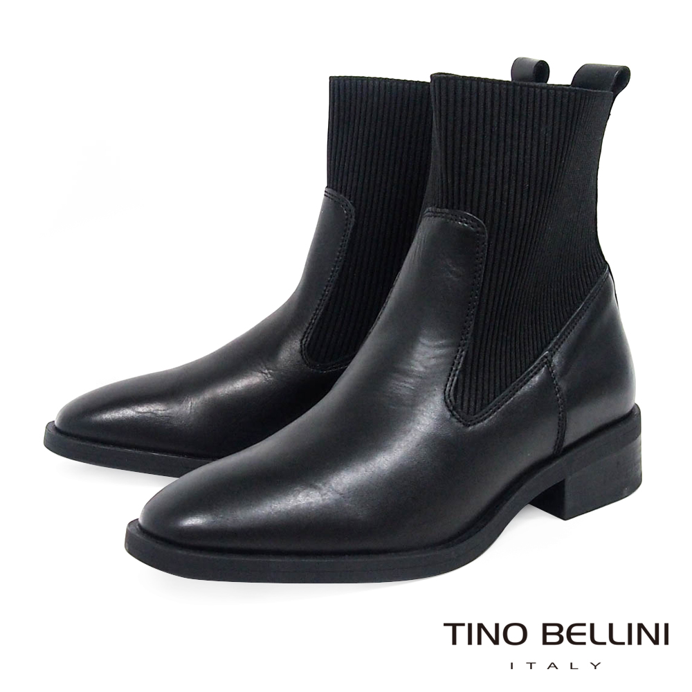 Tino Bellini 義大利進口結構拼接牛皮MIX彈力布低跟短靴 _ 黑