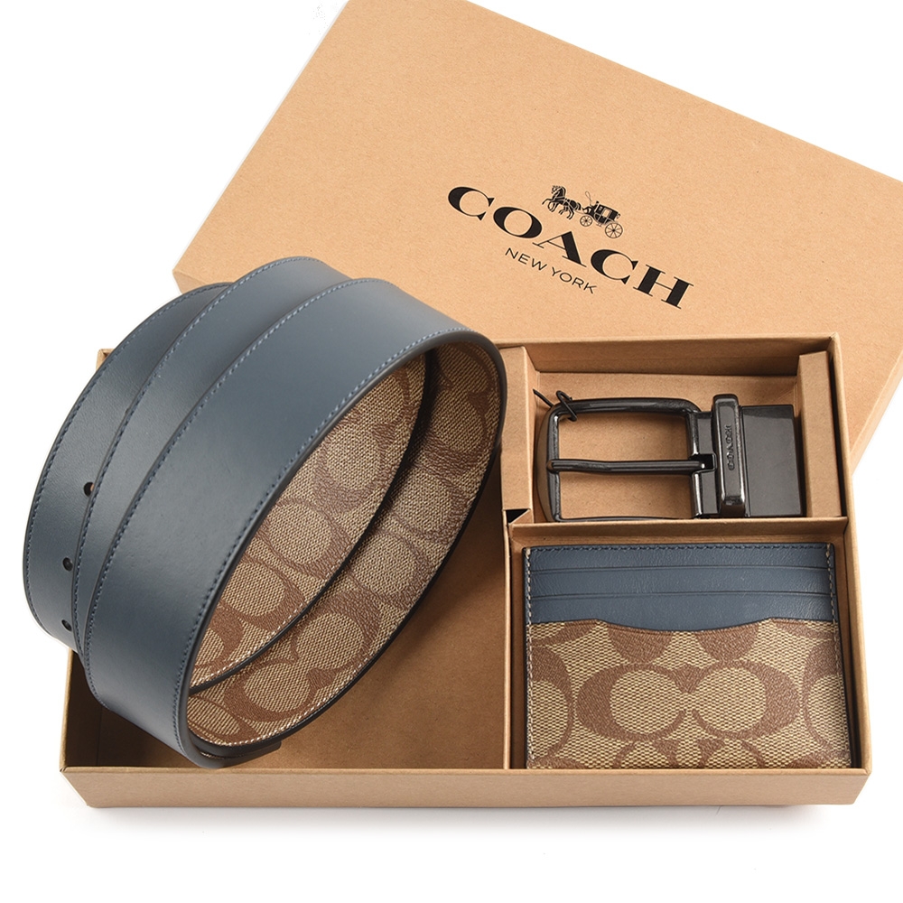 COACH 經典滿版C紋PVC防水皮革雙面用男款皮帶+ID證件夾禮盒-卡其/單寧藍色